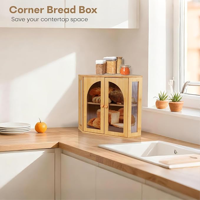 Corner Bread Box for Kitchen Countertop, Double Layer Bamboo Bread Storage Container for Homemade Bread, Large Capacity Bread Holder with 3 Adjustable Height for Counter, Natural