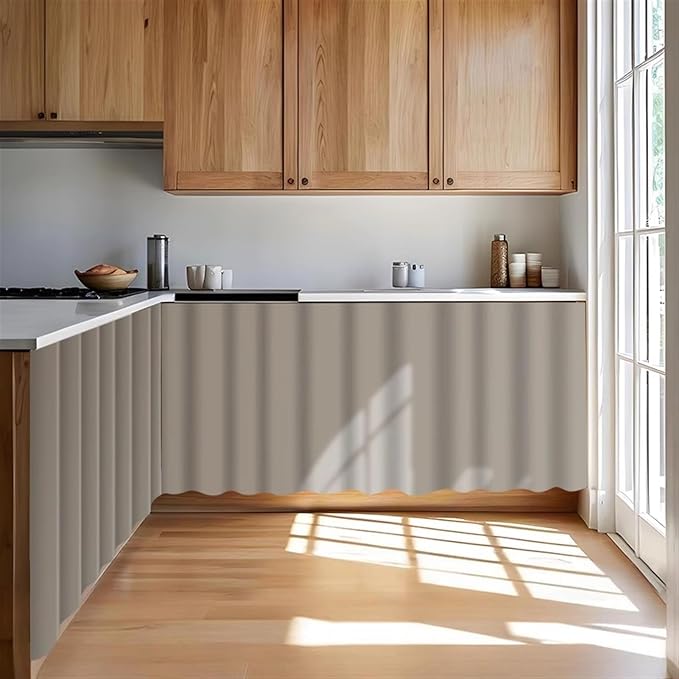 Under Sink Curtain for Closet, Privacy Short Cabinet Curtain Self Stick Adhesive Desk Skirt for Kitchen Classroom, Grey A, 55" W x 20" L
