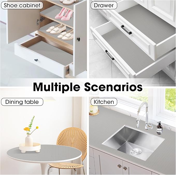 Drawer and Shelf Liner, Non-Slip Kitchen Cabinet Liners Non-Adhesive Thick Strong Grip Waterproof Washable Mats Protect Dresser Shelves Cupboard Bathroom Cabinets, Light Gray, 24 in X 10 FT