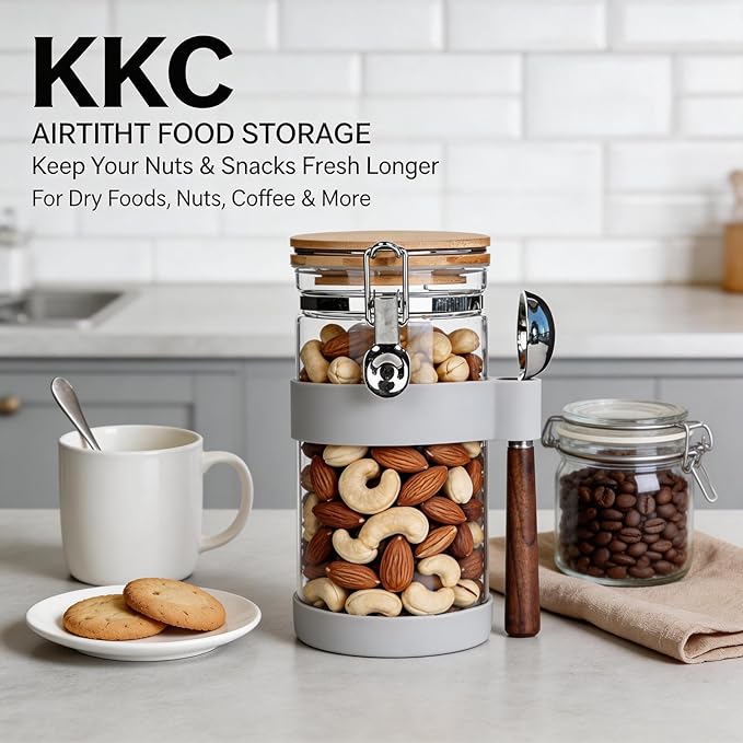 KKC 1.2L Airtight Glass Food Storage Jar with Bamboo Lid & Spoon - Clear Kitchen Canister for Nuts, Seeds & Snacks - Keeps Food Fresh & Crispy, Pantry Organization & Countertop Decor