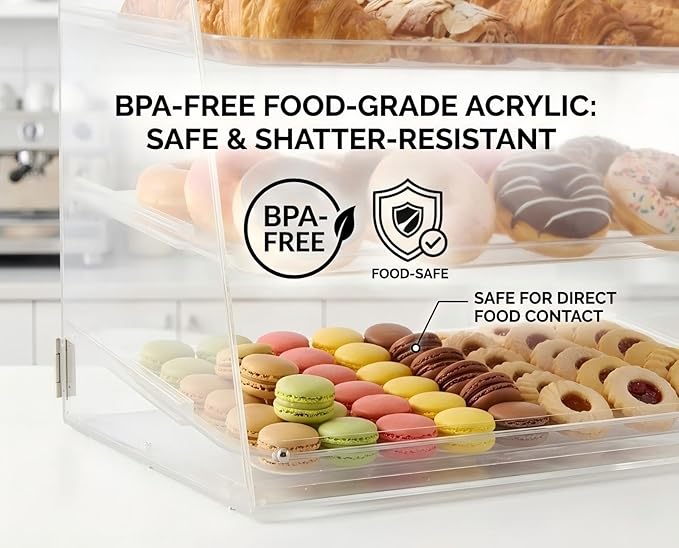 YBSVO 3-Tier Commercial Bakery Display Case, 21-Inch Clear Acrylic Countertop Pastry Showcase with Removable Trays, Food-Grade Dessert Cabinet with Magnetic Back Doors for Cafe, Market, Home