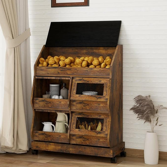 ARTETHYS Potato and Onion Storage Bin for Kitchen Large Potato Storage Box with Wheels 3 Tier Bread Container Holder with Lid and Grocery Section Decorative Vegetable Organization Cabinet for Kitchen