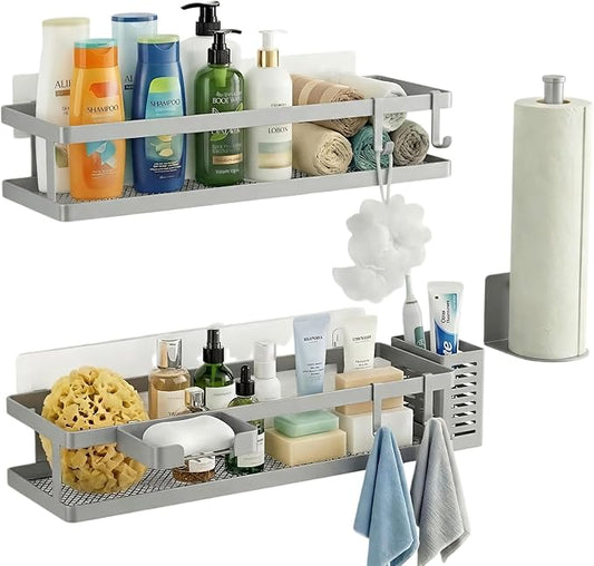 PUSDON 5-in-1 16.5" Extra Long Kitchen Organizer & Shower Caddy Set, Wall Mount Spice Rack with Paper Towel Holder, Utensil Holder & Soap Dish, Rustproof Mesh - Silver Gray, Guardrail