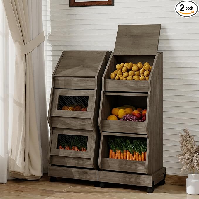 ARTETHYS Potato and Onion Storage Bin with Wheels Gray Set of 2 Movable Bread Box with Lid Onion Organizer with Grocery Section Decorative Vegetable Organization Cabinet for Kitchen
