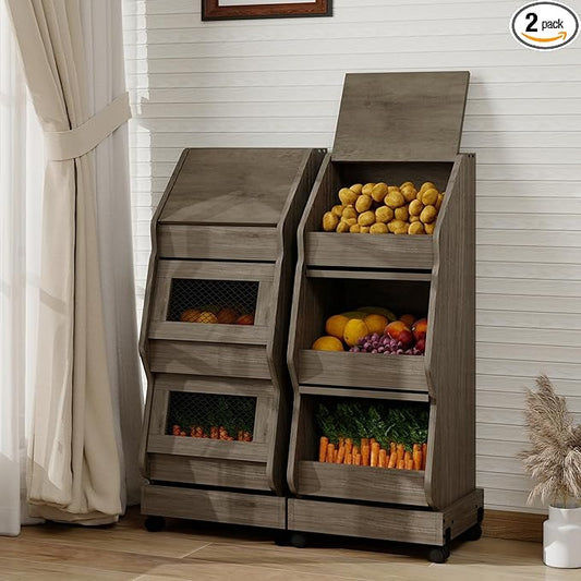ARTETHYS Potato and Onion Storage Bin with Wheels Gray Set of 2 Movable Bread Box with Lid Onion Organizer with Grocery Section Decorative Vegetable Organization Cabinet for Kitchen