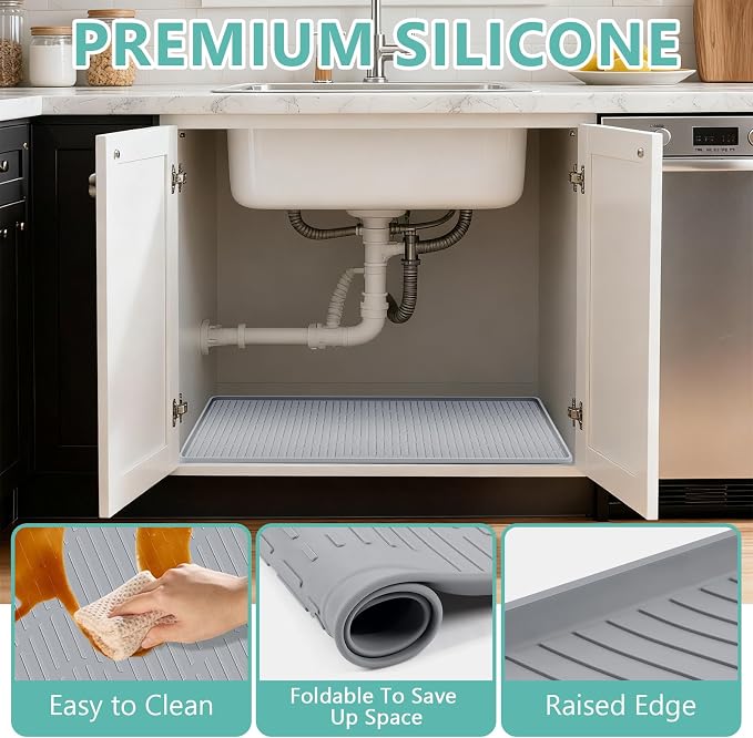 27" x 27" Under Sink Mat for Kitchen Lanstics Under Sink Organizer Waterproof Raised Edge Silicone Mat Sink Protector Silicone Organizers Tray for Kitchen Bathroom
