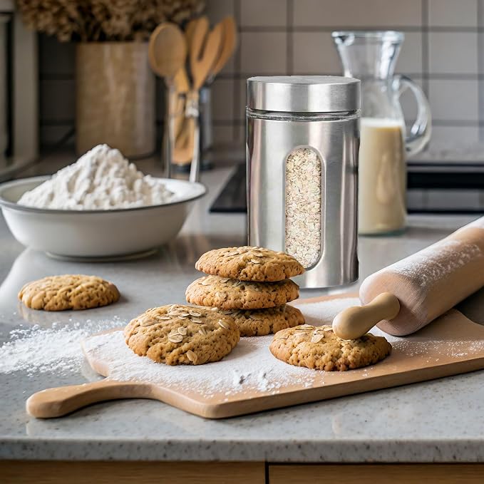 Kitchen Canisters By Home Basics | Retro-Styled For Kitchen Counter | Stainless Steel and Glass | With See-Through Windows (Silver), 4 Pieces, For Flour, Coffee, Sugar, and Dry Ingredients