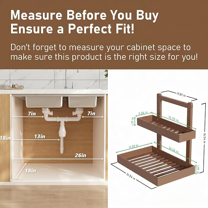Bamboo Under Sink Storage 2 Tier Pull Out Cabinet Organizer Slide Out Under Sink Storage Shelf Undersink Organizers Shelves for Kitchen Bathroom Organization (Brown, 2 Packs)