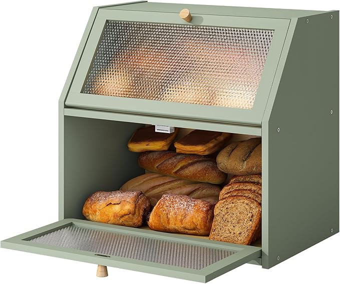STDDRE Bread Box for Kitchen Countertop Bin Double Layer Bread Box Storage Container Extra Large Capacity Farmhouse with Diamond Pattern Windows (Green, Extra Large)