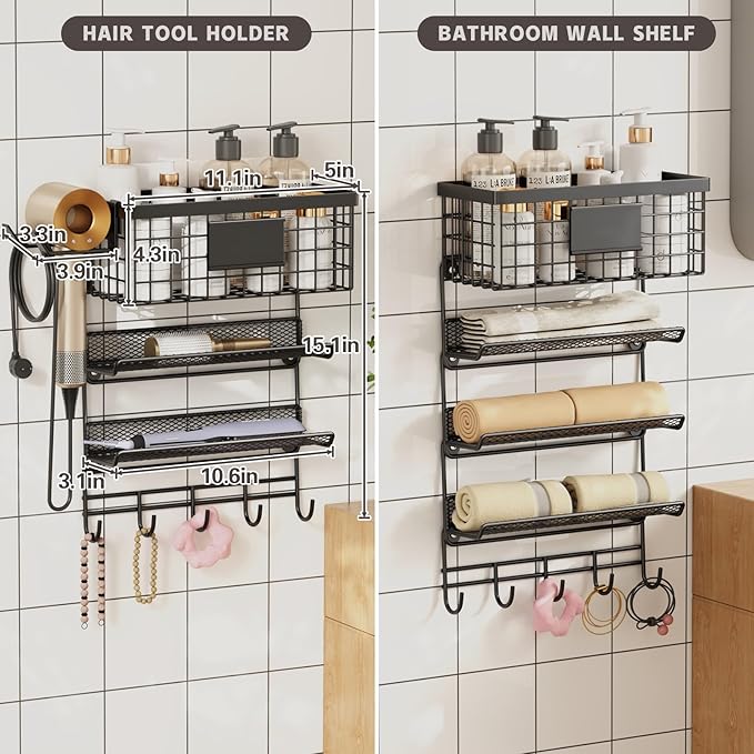 Magheo Hair Dryer Holder Wall Mounted, Adheisve Hair Styling Tool Organizer for hair Brush/Appliance Wall Mount with 4 Tier Shelf Basket Hooks Blow Dryer and Straightener Holder for Bathroom(Black)