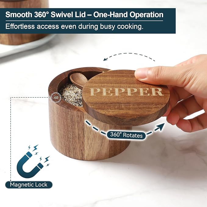 Timtopno PEPPER Cellar, Acacia Wood Salt Container with Built-in Spoon & Swivel Lid, Engraved PEPPER Box, Salt Holder Bowl for Countertop Seasoning Storage