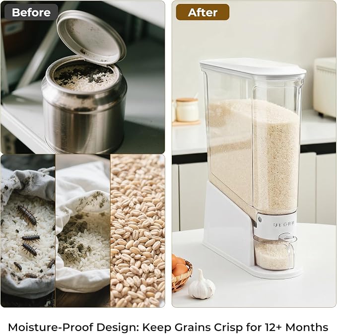 UFORU Rice Dispenser 22Lbs, Slim Rice Storage Container for Small Space, BPA-Free Clear Dry Food Dispenser Sealed Moisture Proof, Grain&Cereal Storage Bucket for Kitchen Pantry Household, White