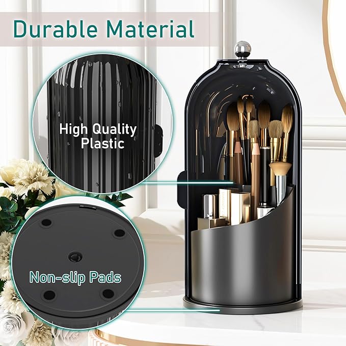 GAXmi Makeup Brush Holder with Lid Rotating Cosmetic Organizer, Dark Black | 360 Rotation, Waterproof, Dustproof, Moistureproof