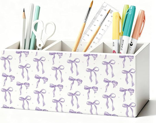 Purple Coquette Bow Pen Pencil Holder for Desk, Girly Office Decor, Preppy Purple Bow Aesthetic Wooden Box Sign Decorations for Girly Room Bedroom Dorm Office Desk Tabletop