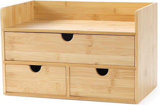 Wisuce Bamboo Desk Drawer Organizer, Desktop Organizer with Drawers Tabletop Storage Organization Box for Office Home Toiletries Supplies Vanity, No Assembly Required(1 with shelf-3 Drawers)