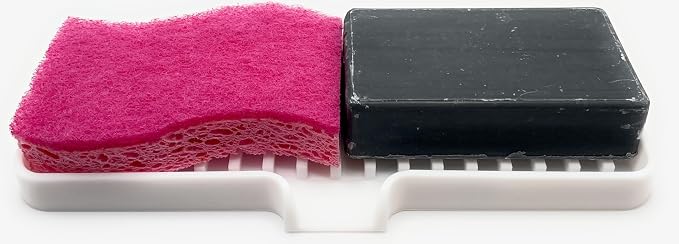 Silicone Soap Dish Tray and Sponge Holder with Drain Chute, Rectangular, Kitchen and Bathroom Sink Organizer (White, 9"x3.5")