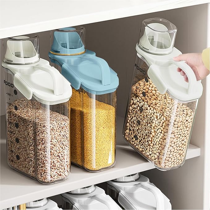 LANGMINGDE 2 PCS Airtight Storage Containers, 2.8L/95fl.oz Cereal Rice Holder, Dog Cat Food Dispenser with Measuring Cup, BPA Free Clear Plastic Kitchen Pantry Organization Bin, 1 Blue+1 White