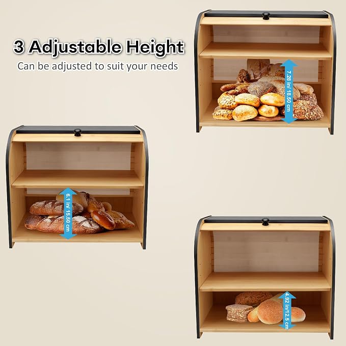 Bread Box for Kitchen Countertop, Double Layer Bamboo Bread Storage Container for Homemade Bread, Roll Top Bread Box with 3 Adjustable Height for Kitchen Counter, Black Breadbox Organizer