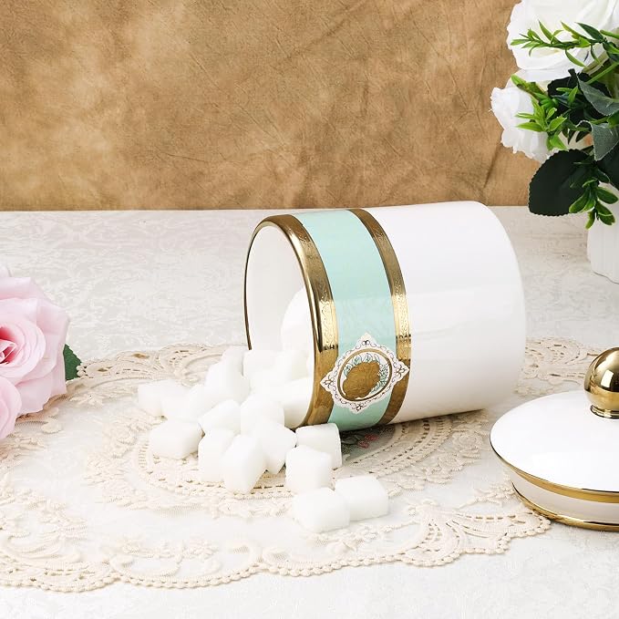 fanquare Small Porcelain Canister, Luxury Gold and Green Printing Decorative Jar, Normal Size Ceramic Container for Sugar, Tea, Coffee, Countertop