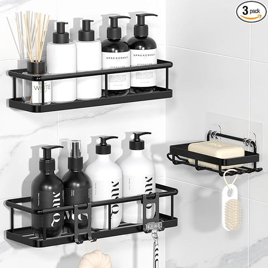 YASONIC Shower Caddy Adhesive, Rustproof Shower Organizer with Soap Holder, Large Capacity Shower Shelves for Inside Shower, No Drilling Bathroom Organizers and Storage for Home Decor（3 Pack Black）