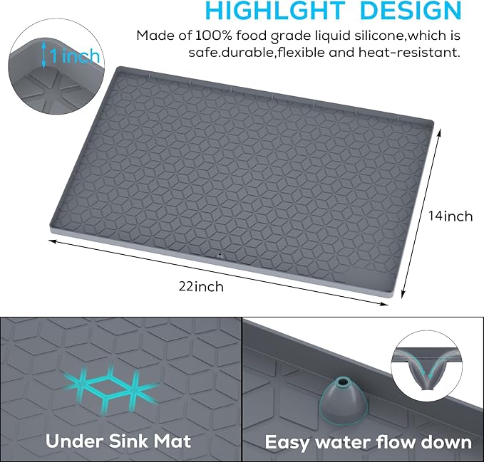 Under Sink Mats 14"x22" for Kitchen, Silicone Waterproof Liner, Sink Silicone Tray with Drain Hole, Storage and Organizers, Cabinet and Counter Protector,Litter Mat, Pet Cat Puppy Essentials