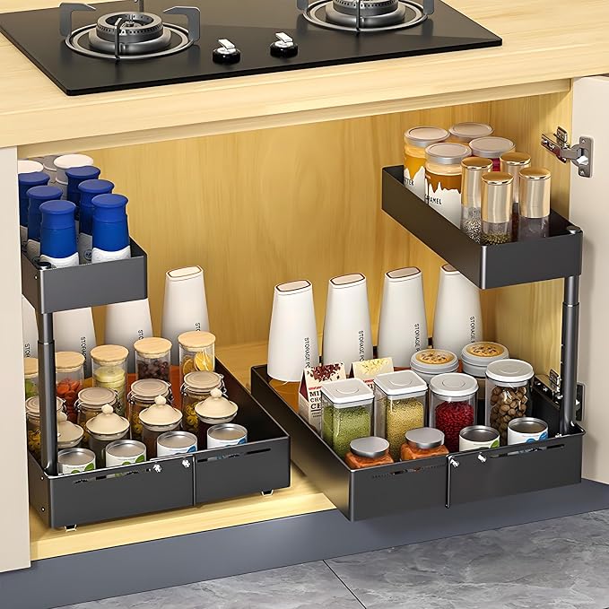 Under Sink Organiser,2 Tier Pull Out Cabinet Organiser,Height Adjustable Out Cabinet Drawer,Multi-Purpose Slide Out Storage Shelves for Home,Kitchen,Bathroom (White) (Black)