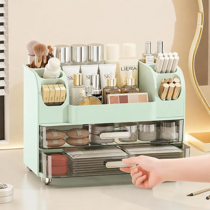Makeup Organizer with 2 Drawers, Cosmetic Display Case, Storage Holder for Vanity, Bathroom Counter, Desk, Beauty Supplies (Green)