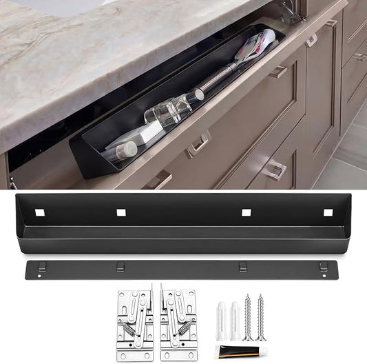 Zonon 1 Set 19 Inch Tip Out Tray for Front Sink Drawer with Hinges and Mounting Plate Includes Screws and No-Drill Adhesive, Metal Pull Out Storage Organizer for Kitchen Bathroom Cabinet