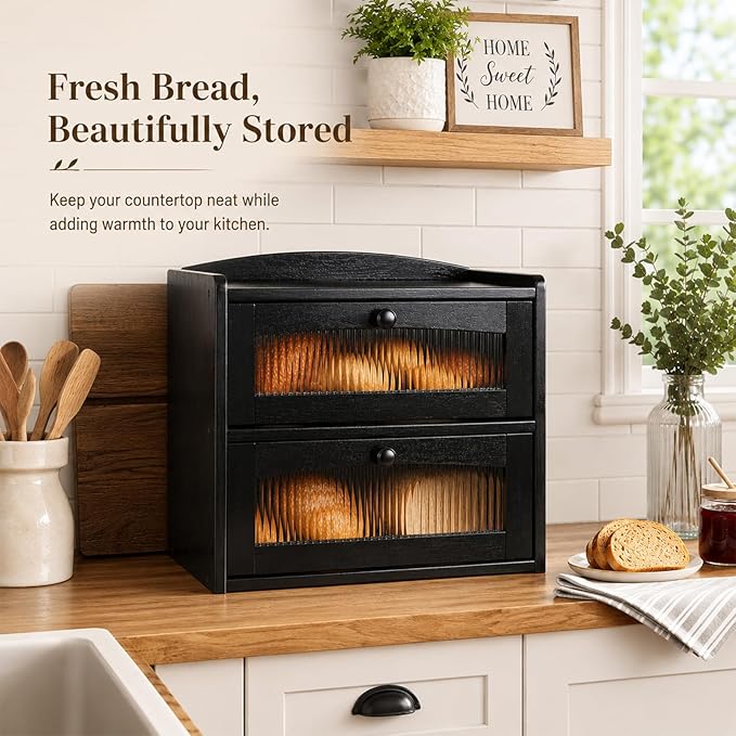 Bread box for Kitchen Countertop Double Layer Large, Solid Wooden Farmhouse Bread Storage Container with Acrylic Window, Bread Holder Organizer Bin for Homemade Bread and Pantry(Black)