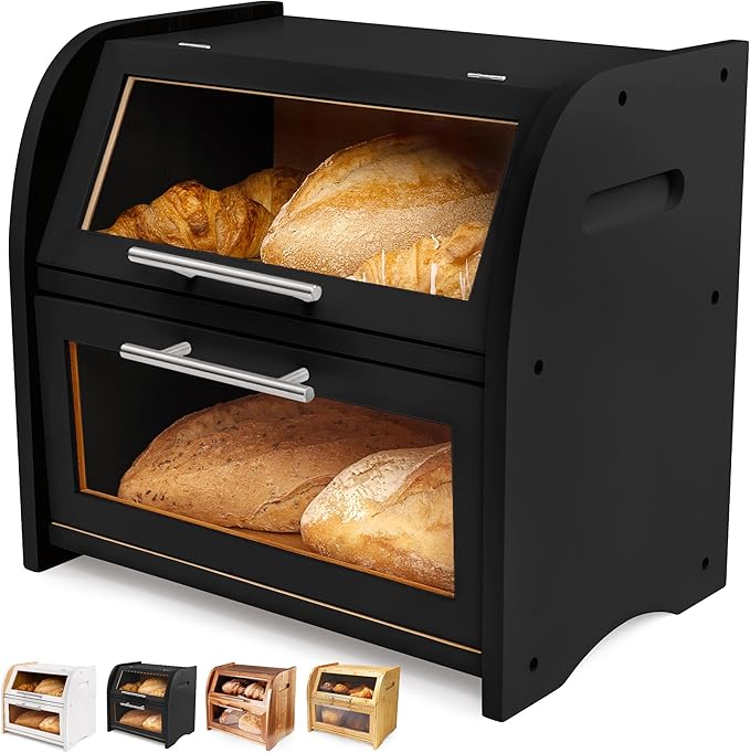 Arise Stylish Bamboo Bread Box for Kitchen Countertop, Extra Large 2-Shelf Wooden Bread Storage Container with Clear Windows and Air Vents Keep Bread, Bagels and Rolls Fresh, Self Assembly