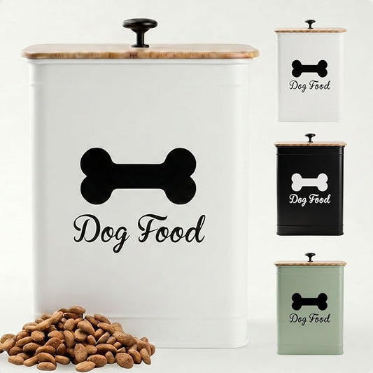 Dog Food Container Airtight 5-7 lb (25 Cup) Capacity - Cute Airtight Dog Food Storage Container with Bamboo Lid & Sturdy Metal Handle - White Metal Kibble Storage Bin for Dogs up to 50 lbs - Pet Jar