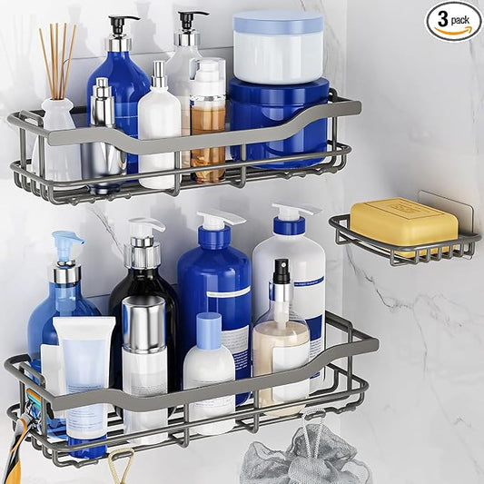 OMAIRA 3-Pack Shower Caddy with Soap Holder, Adhesive Rustproof No-drill Strudy Loading Inside Shower Organizer Shelves Rack Storage Bathroom Organization for Smooth Wall Glass Tile, Grey (X-Large)