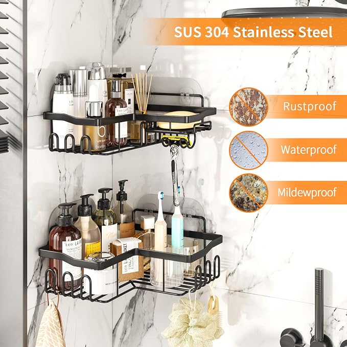 Corner Shower Caddy with Soap Holder, 2 Pack Stainless Steel Corner Shower Organizer with 11 Hooks, No Drilling & 6 Strong Adhesives Corner Shower Shelf Bathroom Organizer for Shower Room, Black