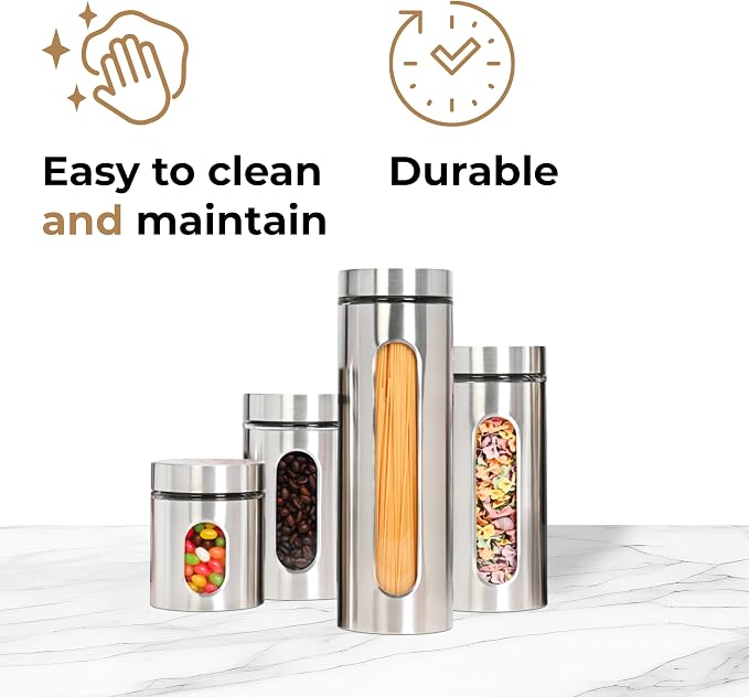 JS Gourmet 4 Pcs Stainless Steel Canisters Set for Kitchen with Glass Window and Airtight Lid, Perfect for Storing Coffee, Spaghetti, Sugar, Beans and Dry Ingredients (Silver)