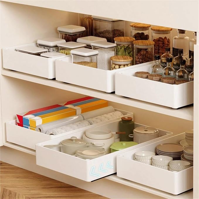 Pull-out cabinet organizer expandable with nano film adhesive, pull-out drawer suitable for kitchen, pantry or bathroom cabinets