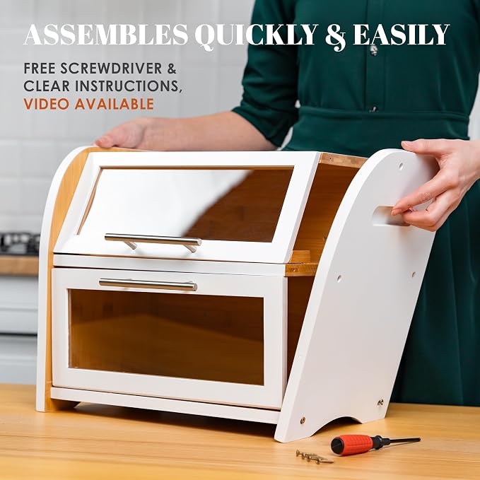 Arise Stylish Bamboo Bread Box for Kitchen Countertop, Extra Large 2-Shelf Wooden Bread Storage Container with Clear Windows and Air Vents Keep Bread, Bagels and Rolls Fresh, Self Assembly