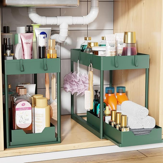 Simple Trending Under Sink Organizer 2 Pack, Sink Pull-Out Sliding Storage Cabinet, 2-Tier Under Shelf Organizer for Kitchen Bathroom, Green