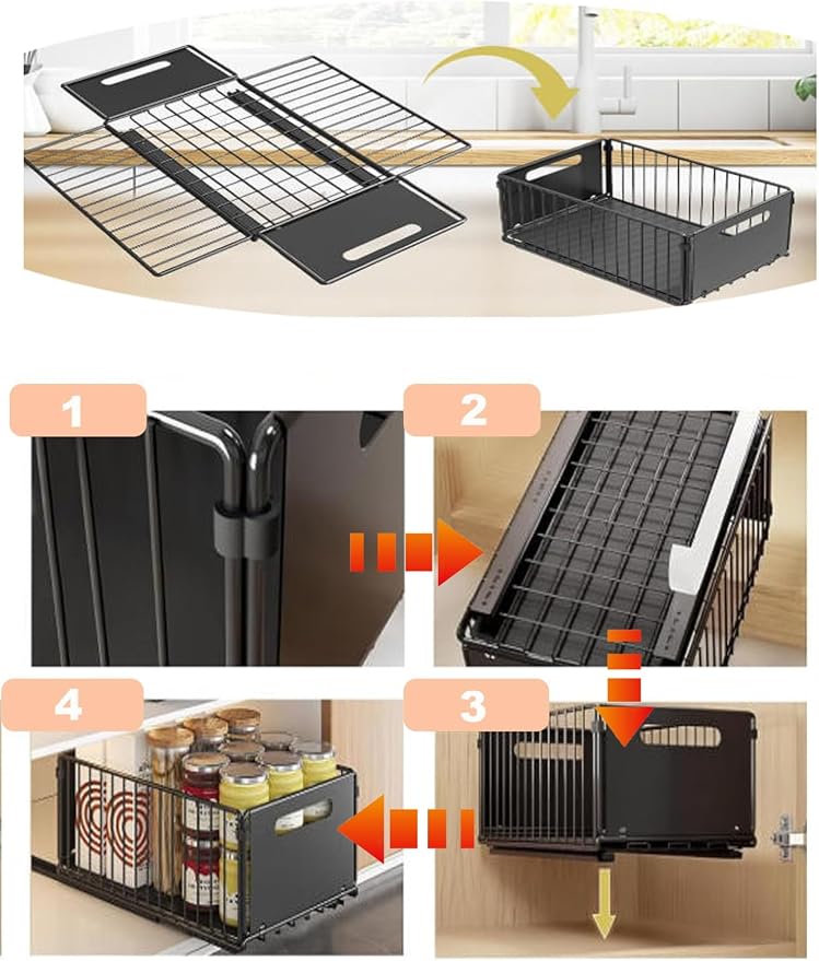Pull Out Drawers for Cabinets Under Kitchen Sink Storage Organizer No Drill Adjustable Baskets for Cupboard Bathroom(2pcs-Black-19 cm)