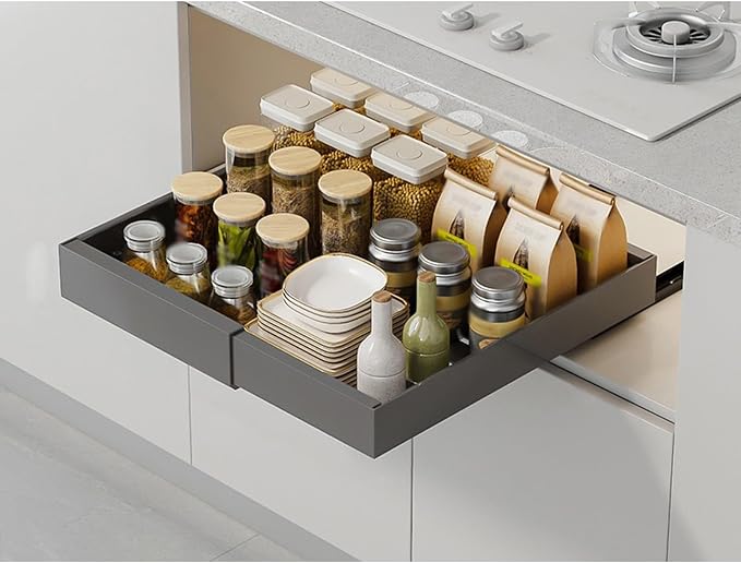 Expandable Pull-Out Cabinet, Adhesive Slide-Out Shelves,Roll-Out Drawers for Easy Access,Heavy Duty for Kitchen, Bathroom & Pantry(Gray,Small)