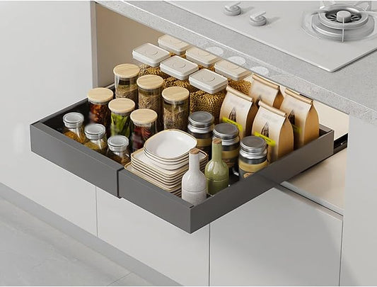 Expandable Pull-Out Cabinet, Adhesive Slide-Out Shelves,Roll-Out Drawers for Easy Access,Heavy Duty for Kitchen, Bathroom & Pantry(Gray,Small)
