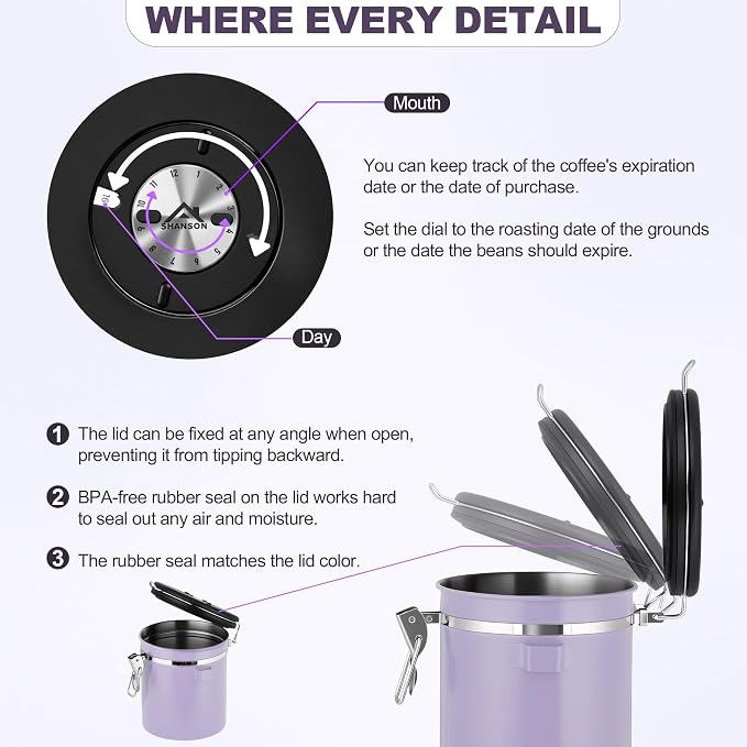 ShanSon Coffee Canister Airtight, Stainless Steel Bean Storage Container with Date Tracker & Scoop, Grounds Sugar Flour Tea Cereal Fits Kitchen Pantry, Ideal Gift for Coffee Lovers,22oz, Purple