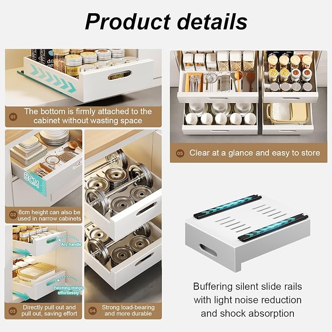 Slide Out Drawer Storage Shelves For Cupboard Cabinet,Extendable Sliding Drawer,No Need Drill and Nailing,for Pantry and Bathroom Vanity,with Adhesive Nano Film. ( Color : White , Size : 40*43*7cm )