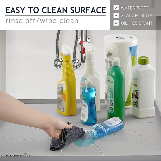 Heavy Duty Silicone Under Sink Mats for Kitchen Waterproof 25" x 22", Extra Thick Under Sink Rubber Mat Drip Tray, Raised Edge Under Sink Liner,Prevent Drips, Leaks, Spills,Grey