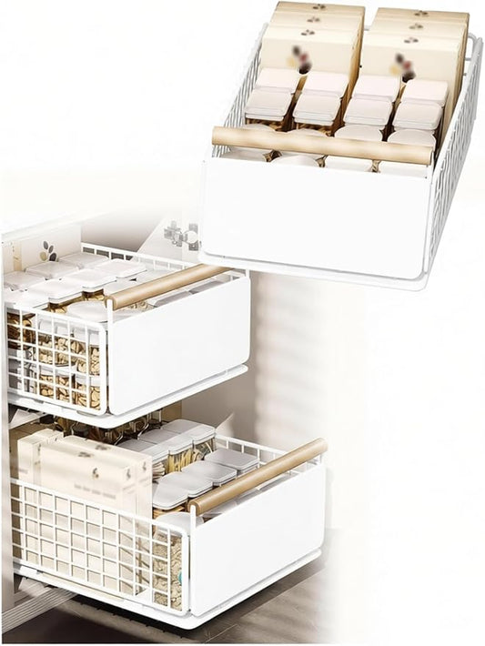 Heavy Duty Kitchen Slide Out Shelves - No Drill Pull Out Drawers for Cabinets Adjustable Height(Milk,11 cm)