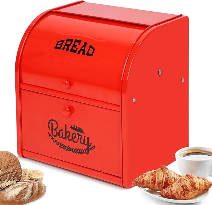 Widousy 2 Layer Metal Bread Boxes, Bread Box Storage Bin Kitchen Container with Roll Top Lid Iron Countertop Containers Metal Food Storage Bread Keeper Large Capacity Home Kitchen Counter（Red）