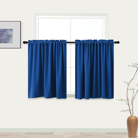 KOUFALL Rod Pocket Blackout Tier Short Curtains-Royal Blue-34x36