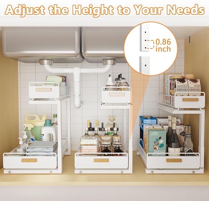 Under Sink Organizer 1 Pack Pull Out Cabinet Organizer with Ball Bearing Sliding Drawer 2 Tier Adjustable Storage Rack Heavy Duty for Kitchen Bathroom White