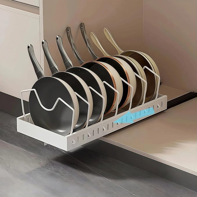 Pull out drawers Pots and Pans Organizer With M-Shaped Vertical Slots Under Cabinet，Slide Out inside Cabinet Storage for Pot Lid Holder And Spoon Rest,Dishes,7 Adjustable Dividers(White,"M"Style)