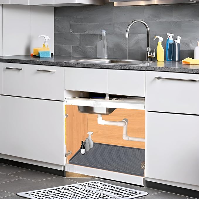 Under Sink Mat 28 x 19 for Kitchen Waterproof, Silicone Under Sink Liner, Bathroom Kitchen Cabinet Protector Mat, Easy to Clean Cabinet Mat Organizers and Storage, Grey