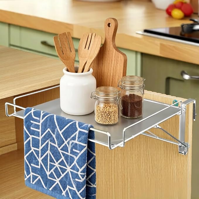 Cabinet Door Organizer, Foldable No Drill,Heavy-Duty Metal Iron Shelf for Pantry Cupboard Countertop, Rust-Resistant, Easy Installation, Space Saver Easter Gift(Silver)